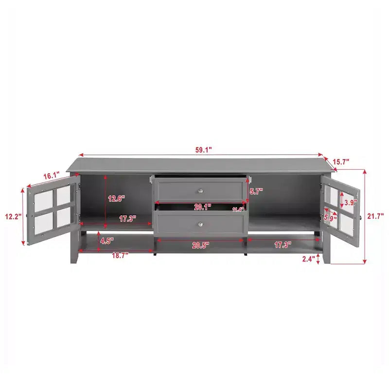 Meuble TV moderne 59 po pour téléviseurs de 60 po, console média en MDF gris avec rangement multifonctionnel et portes magnétiques silencieuses