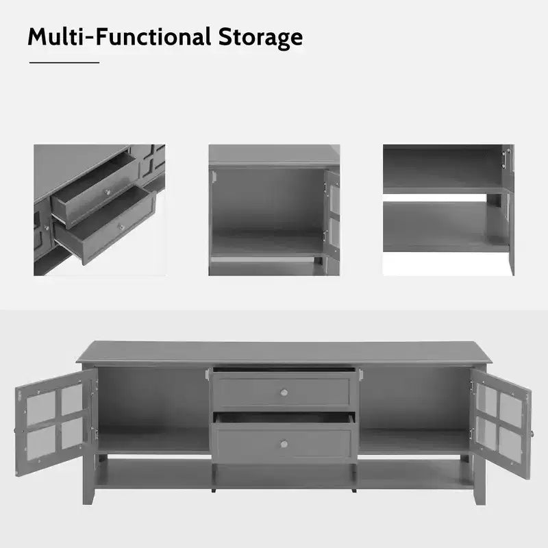 Meuble TV moderne 59 po pour téléviseurs de 60 po, console média en MDF gris avec rangement multifonctionnel et portes magnétiques silencieuses