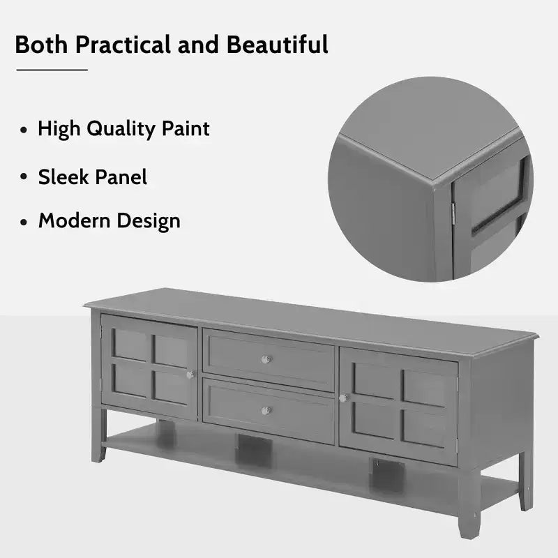 Meuble TV moderne 59 po pour téléviseurs de 60 po, console média en MDF gris avec rangement multifonctionnel et portes magnétiques silencieuses