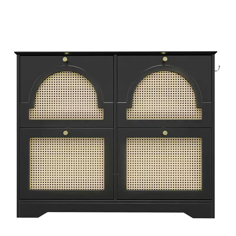 Meuble à chaussures étroit Mid-Century avec 4 tiroirs basculants et portes en rotin, organiseur à chaussures avec 2 crochets pour entrée et couloir Noir