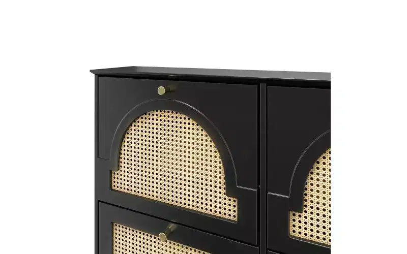Meuble à chaussures étroit Mid-Century avec 4 tiroirs basculants et portes en rotin, organiseur à chaussures avec 2 crochets pour entrée et couloir Noir