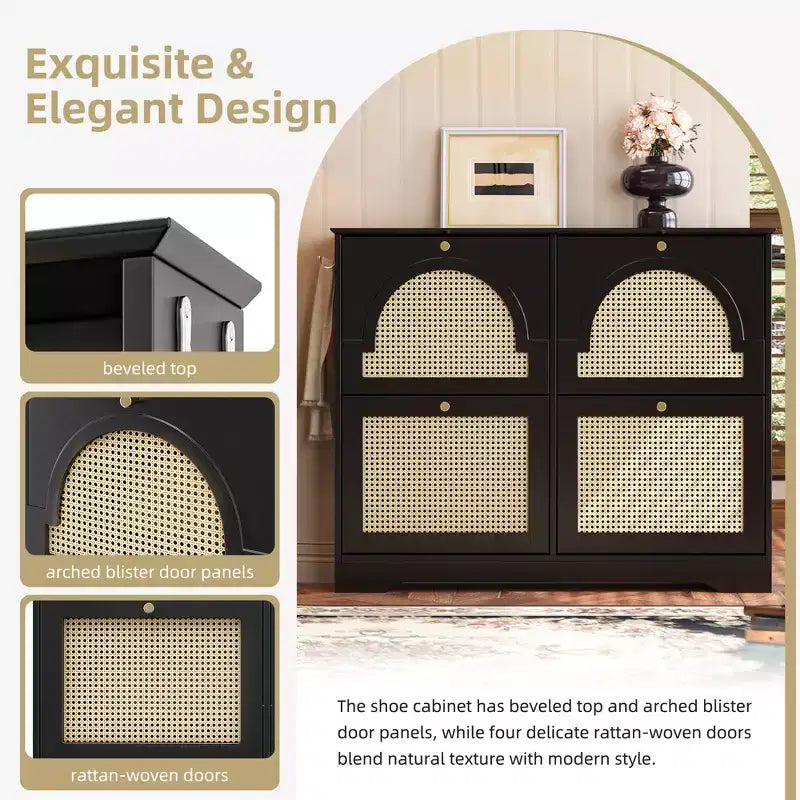 Meuble à chaussures étroit Mid-Century avec 4 tiroirs basculants et portes en rotin, organiseur à chaussures avec 2 crochets pour entrée et couloir Noir