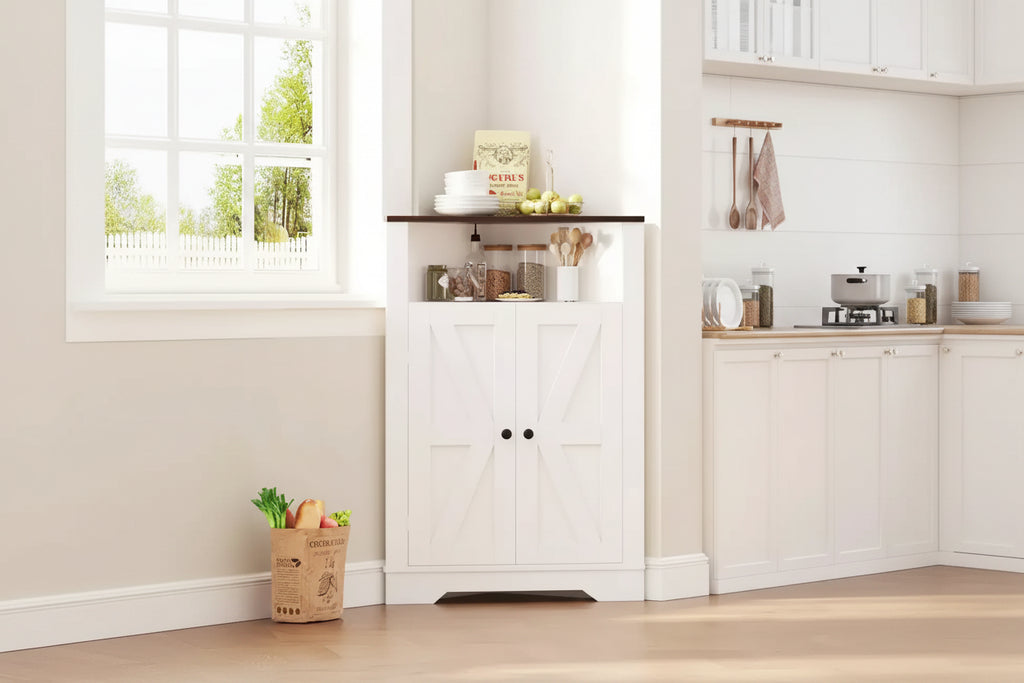 64.8 Tall Farmhouse Corner Cabinet with 4 Doors and 5 Storage Shelves, Farmhouse Storage Cabinet with Barn Door Design