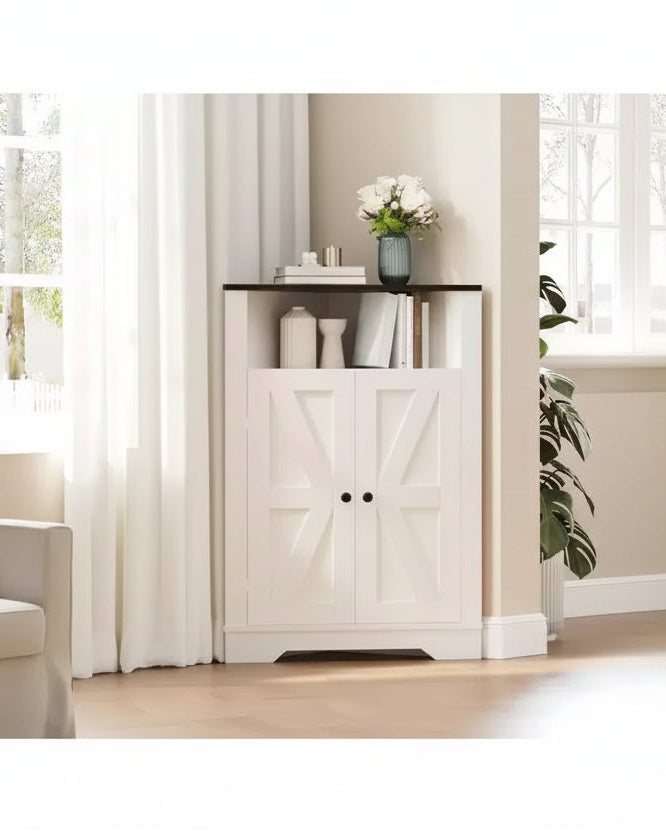 64.8 Grande Armoire d'Angle de Ferme avec 4 Portes et 5 Étagères de Rangement, Armoire de Rangement de Ferme avec Design de Porte de Grange