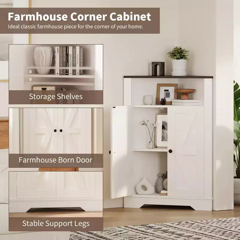 64.8 Grande Armoire d'Angle de Ferme avec 4 Portes et 5 Étagères de Rangement, Armoire de Rangement de Ferme avec Design de Porte de Grange