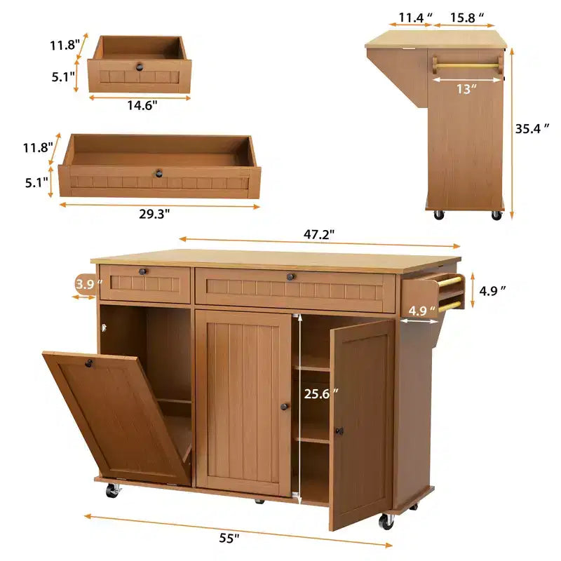 Îlot de cuisine avec rabat pliable, table roulante de 140 cm de large sur roulettes avec porte-serviettes, porte-épices, porte-couteaux et rangement pour poubelle de 38 litres