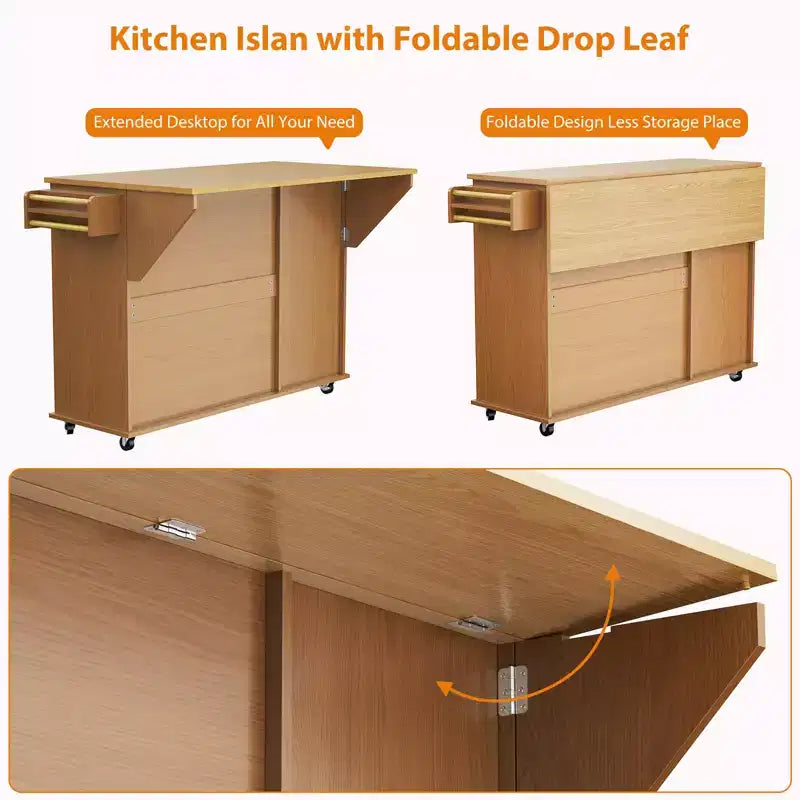 Îlot de cuisine avec rabat pliable, table roulante de 140 cm de large sur roulettes avec porte-serviettes, porte-épices, porte-couteaux et rangement pour poubelle de 38 litres