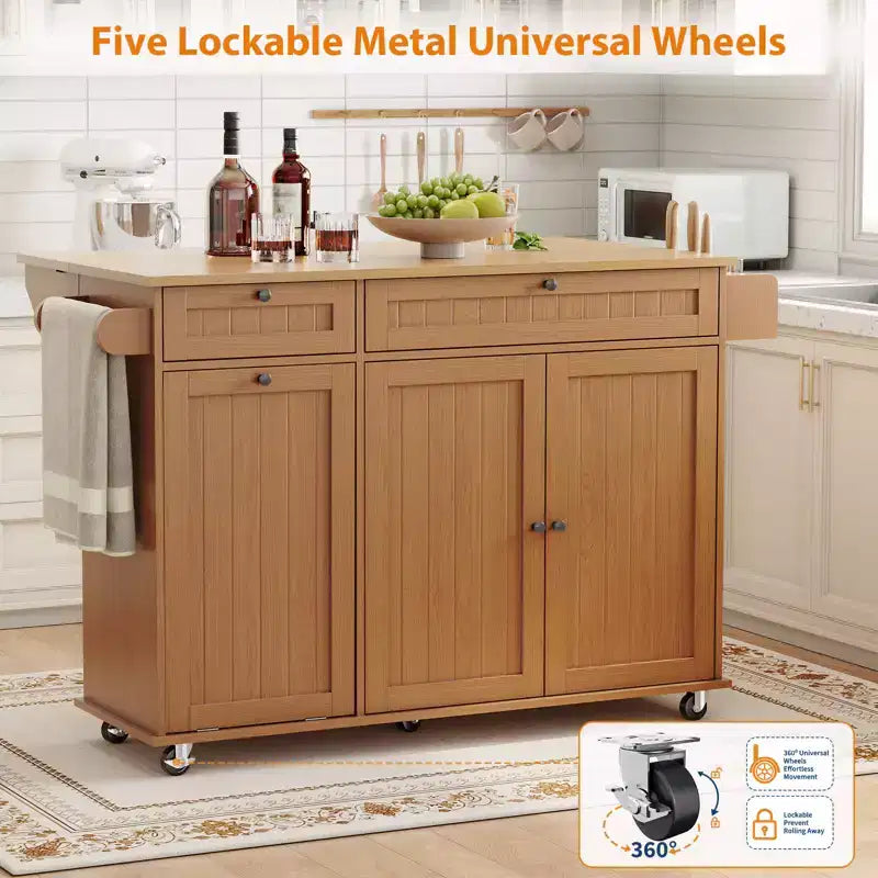 Îlot de cuisine avec rabat pliable, table roulante de 140 cm de large sur roulettes avec porte-serviettes, porte-épices, porte-couteaux et rangement pour poubelle de 38 litres