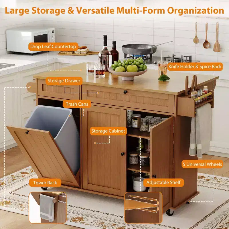 Îlot de cuisine avec rabat pliable, table roulante de 140 cm de large sur roulettes avec porte-serviettes, porte-épices, porte-couteaux et rangement pour poubelle de 38 litres