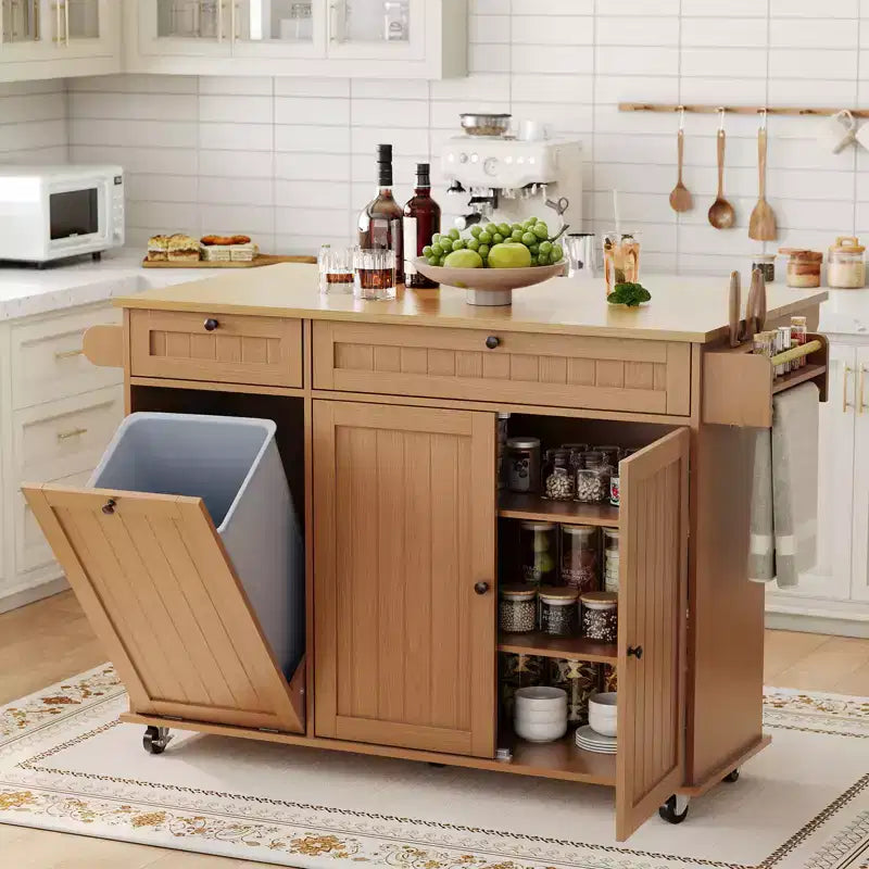 Îlot de cuisine avec rabat pliable, table roulante de 140 cm de large sur roulettes avec porte-serviettes, porte-épices, porte-couteaux et rangement pour poubelle de 38 litres