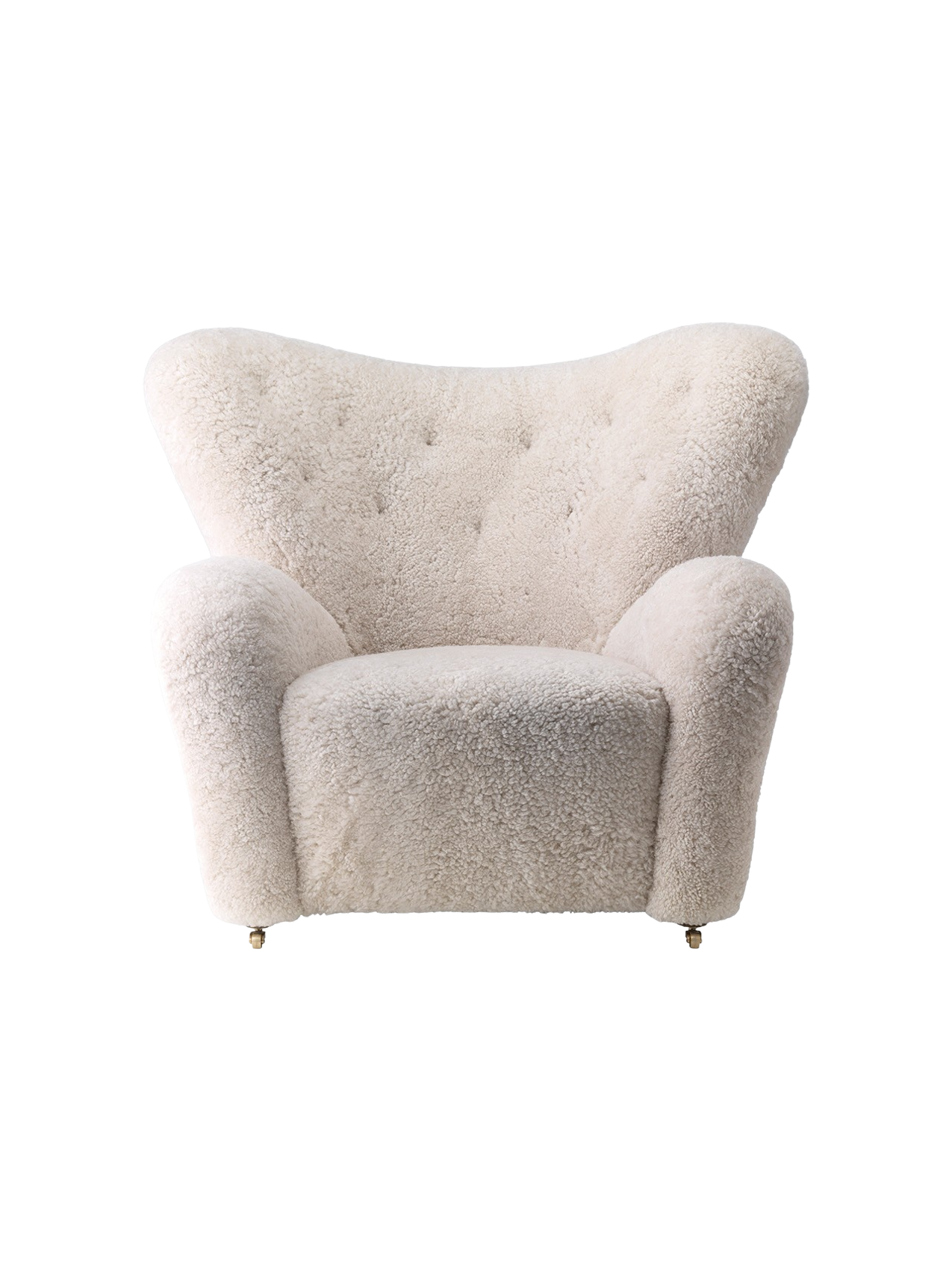 Fauteuil de salon en peau de mouton et chêne avec roulettes en laiton pour salon