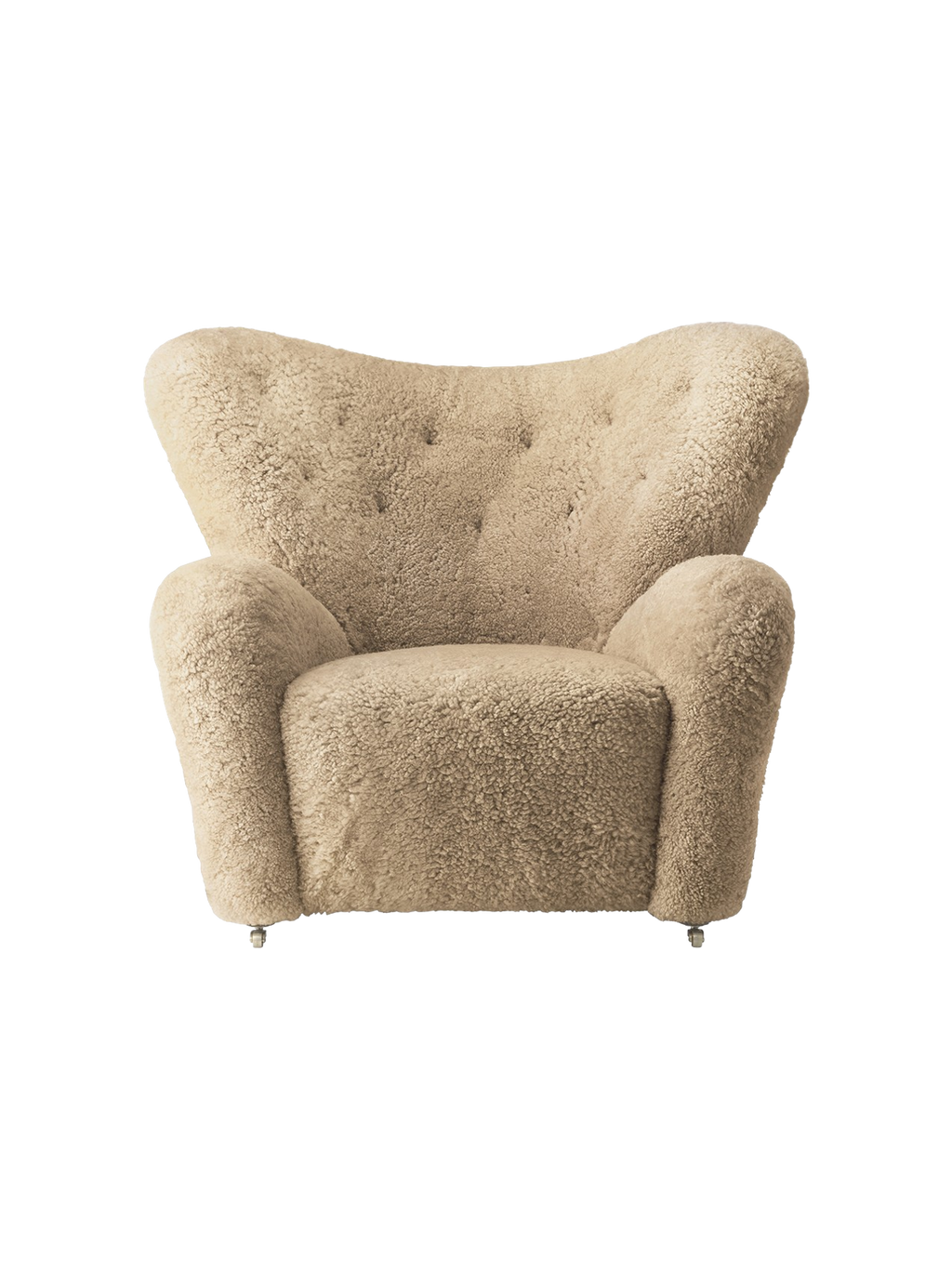 Fauteuil de salon en peau de mouton et chêne avec roulettes en laiton pour salon