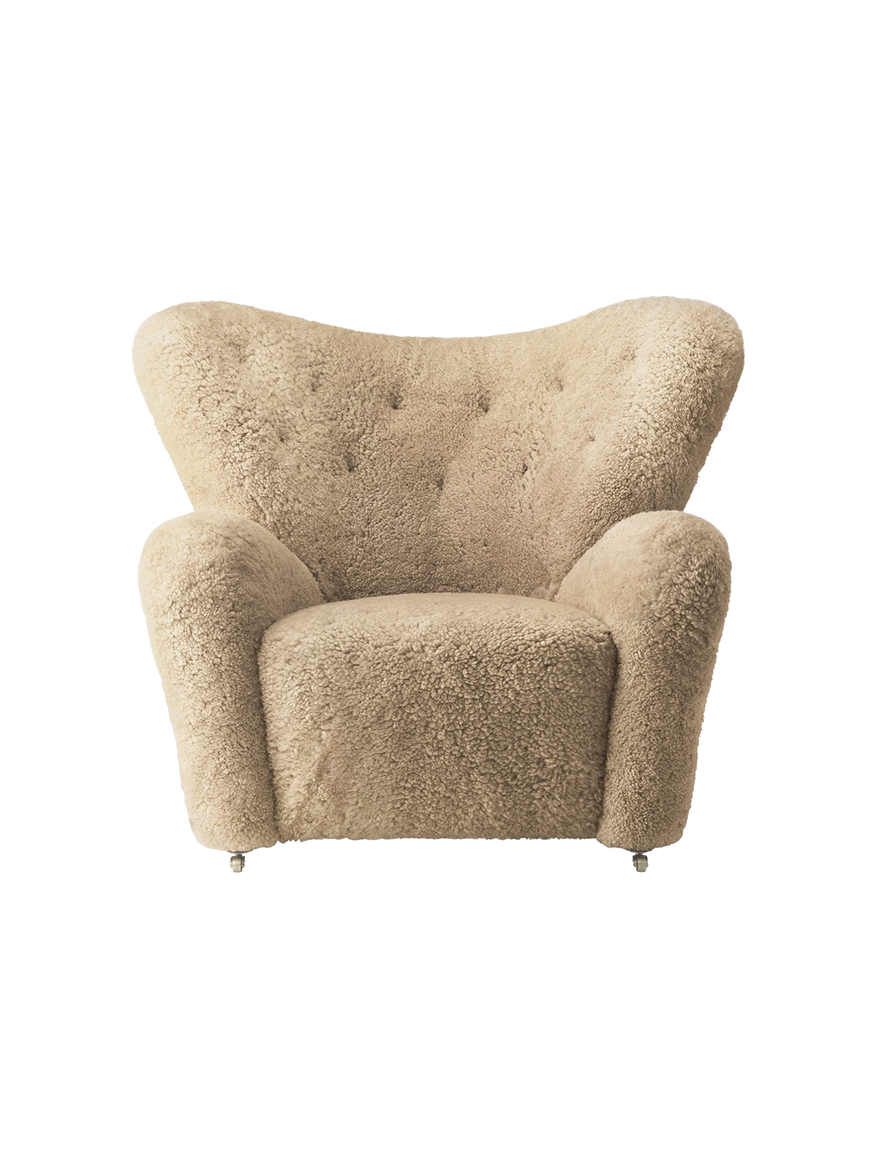 Fauteuil de salon en peau de mouton et chêne avec roulettes en laiton pour salon