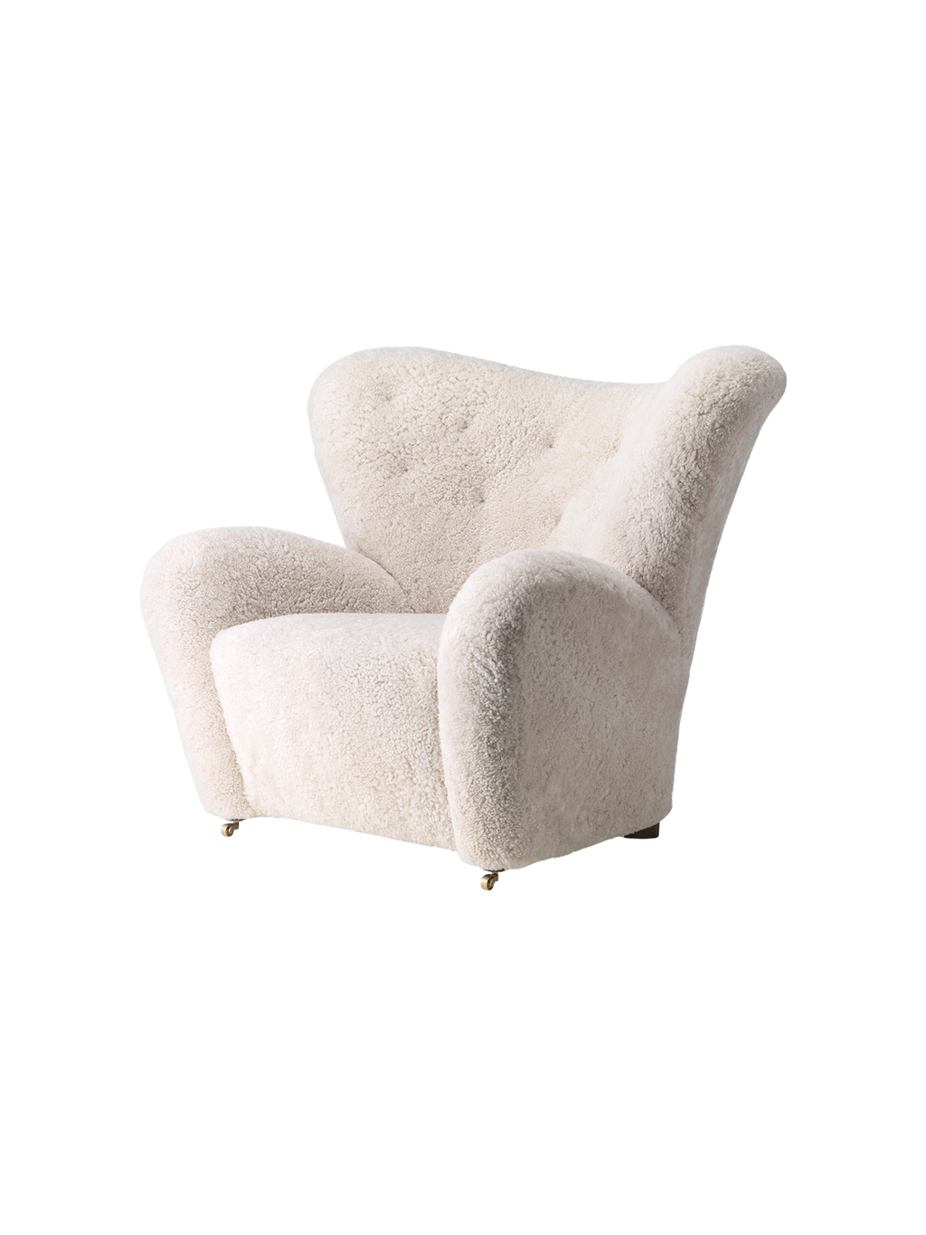 Fauteuil de salon en peau de mouton et chêne avec roulettes en laiton pour salon