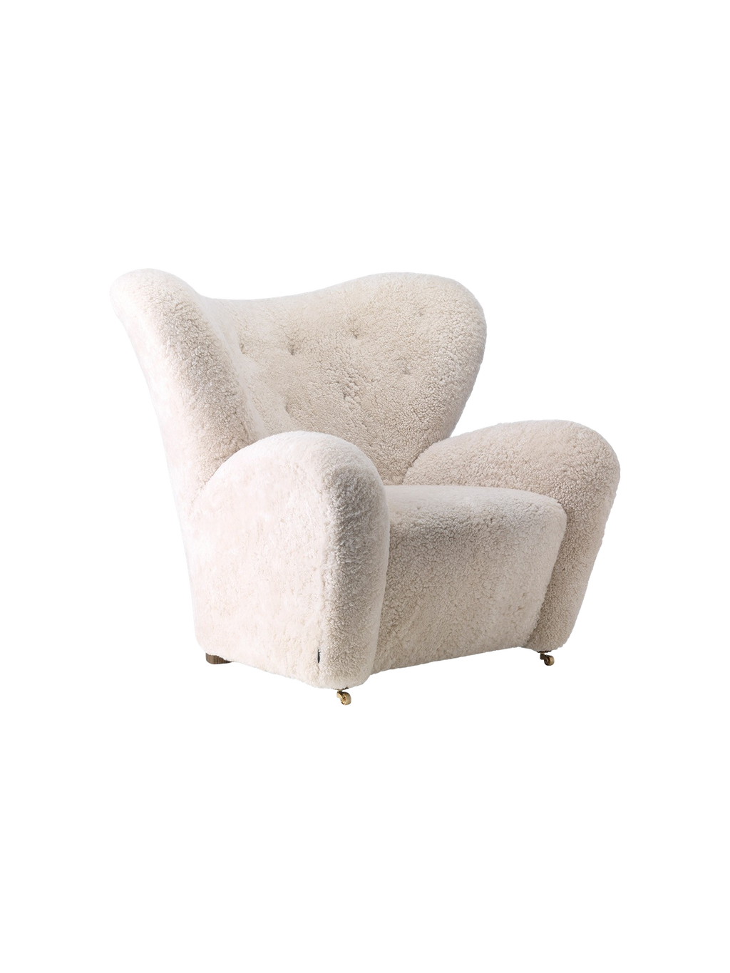 Fauteuil de salon en peau de mouton et chêne avec roulettes en laiton pour salon