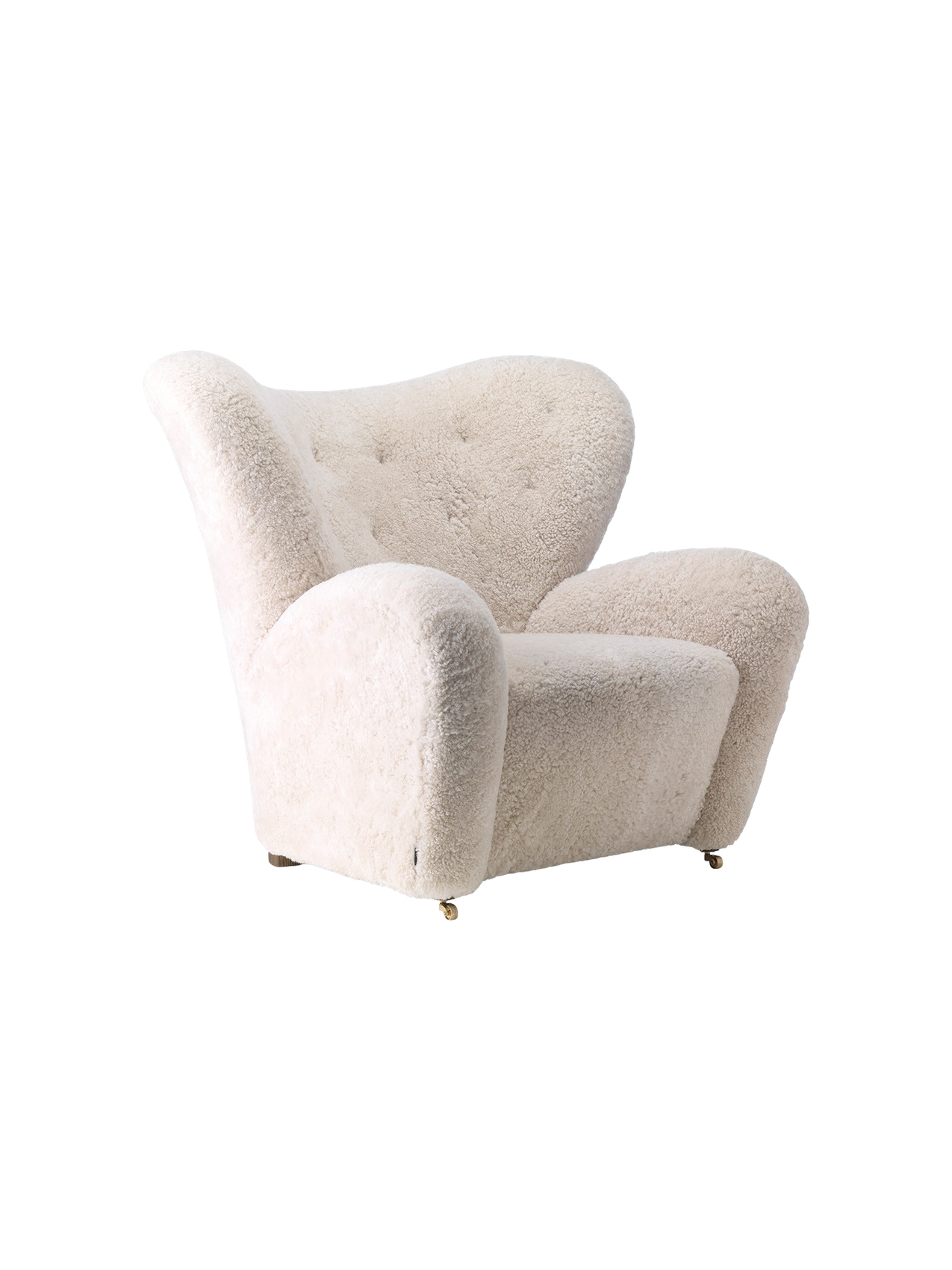 Fauteuil de salon en peau de mouton et chêne avec roulettes en laiton pour salon