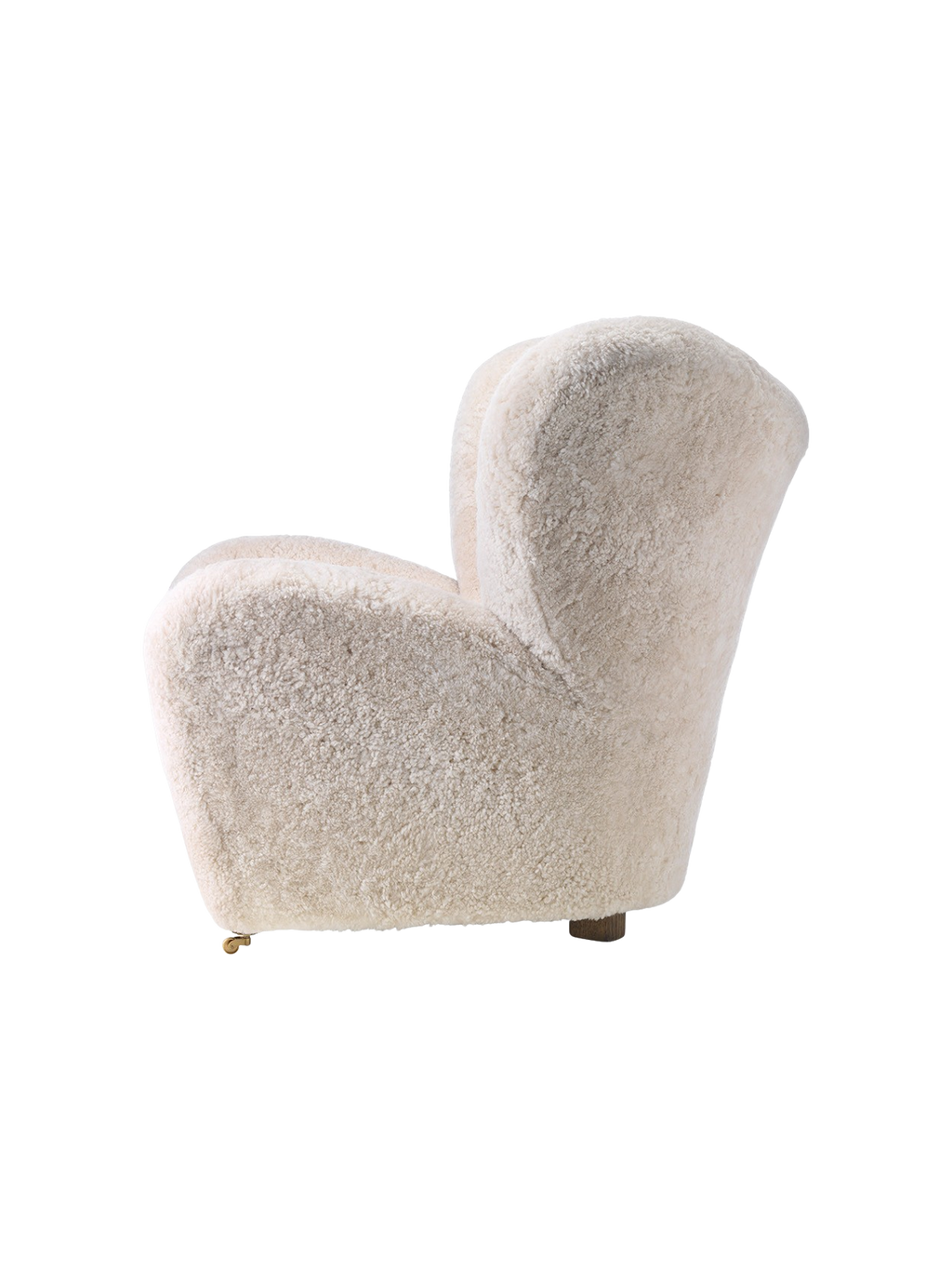 Fauteuil de salon en peau de mouton et chêne avec roulettes en laiton pour salon