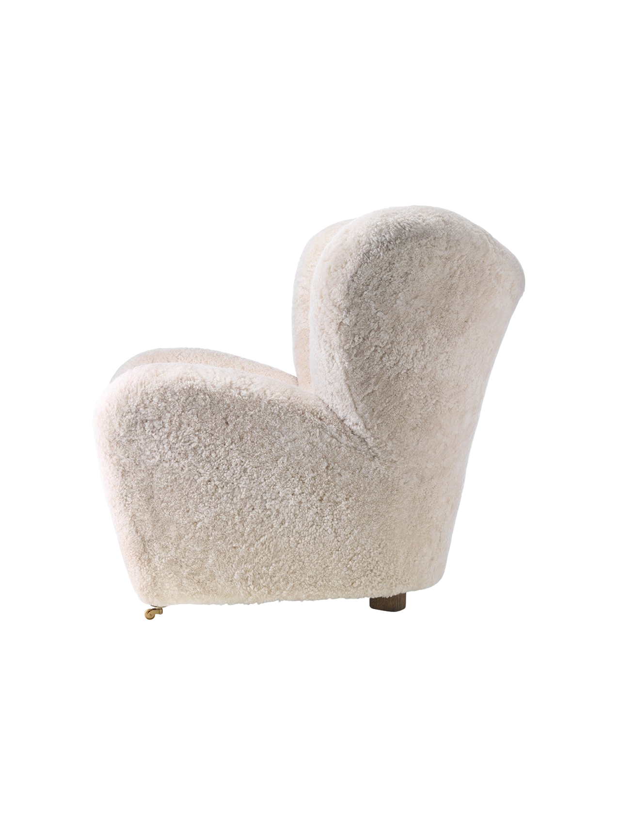 Fauteuil de salon en peau de mouton et chêne avec roulettes en laiton pour salon