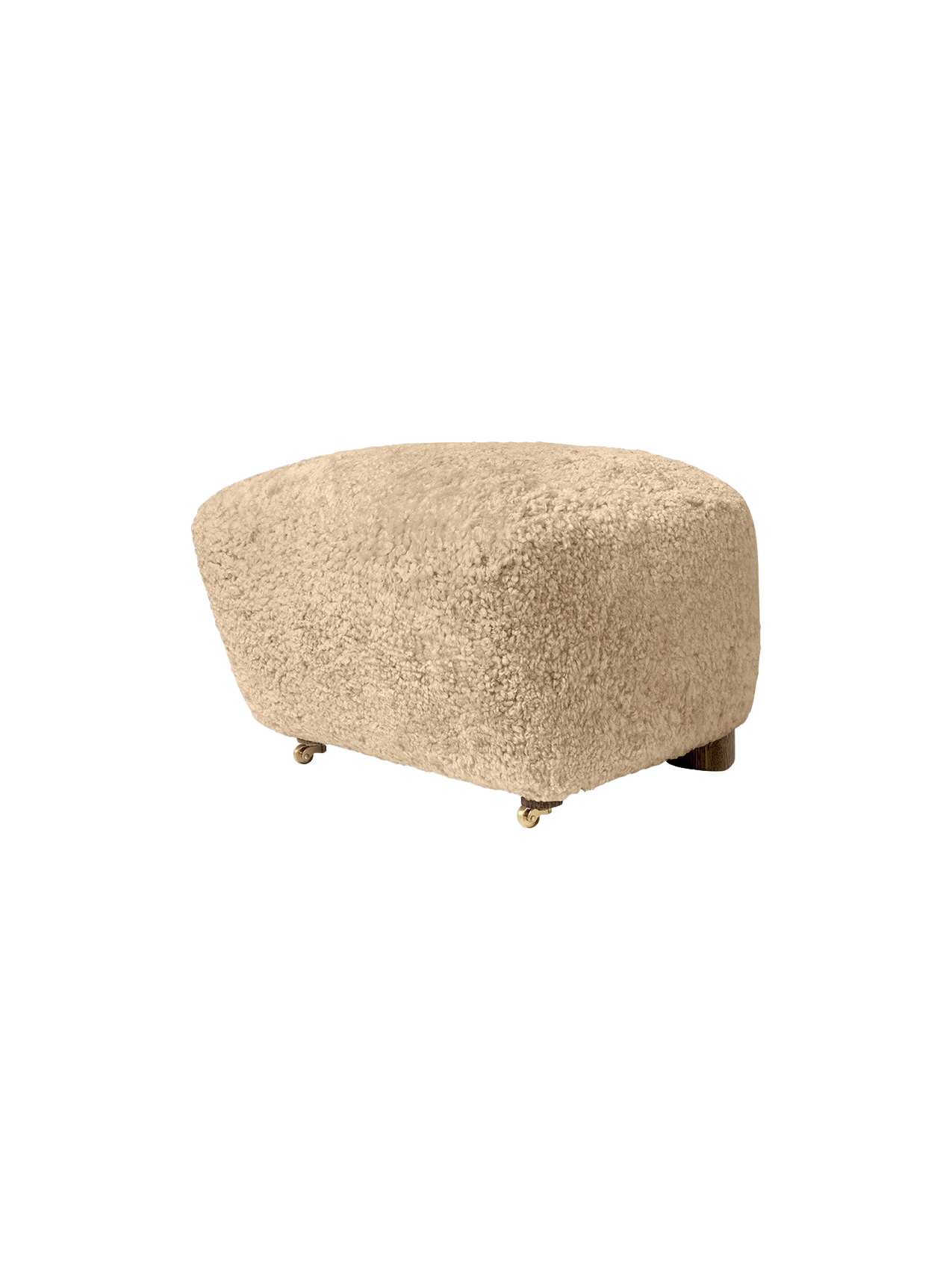 Pouffe en peau de mouton et chêne avec roulettes en laiton pour salon