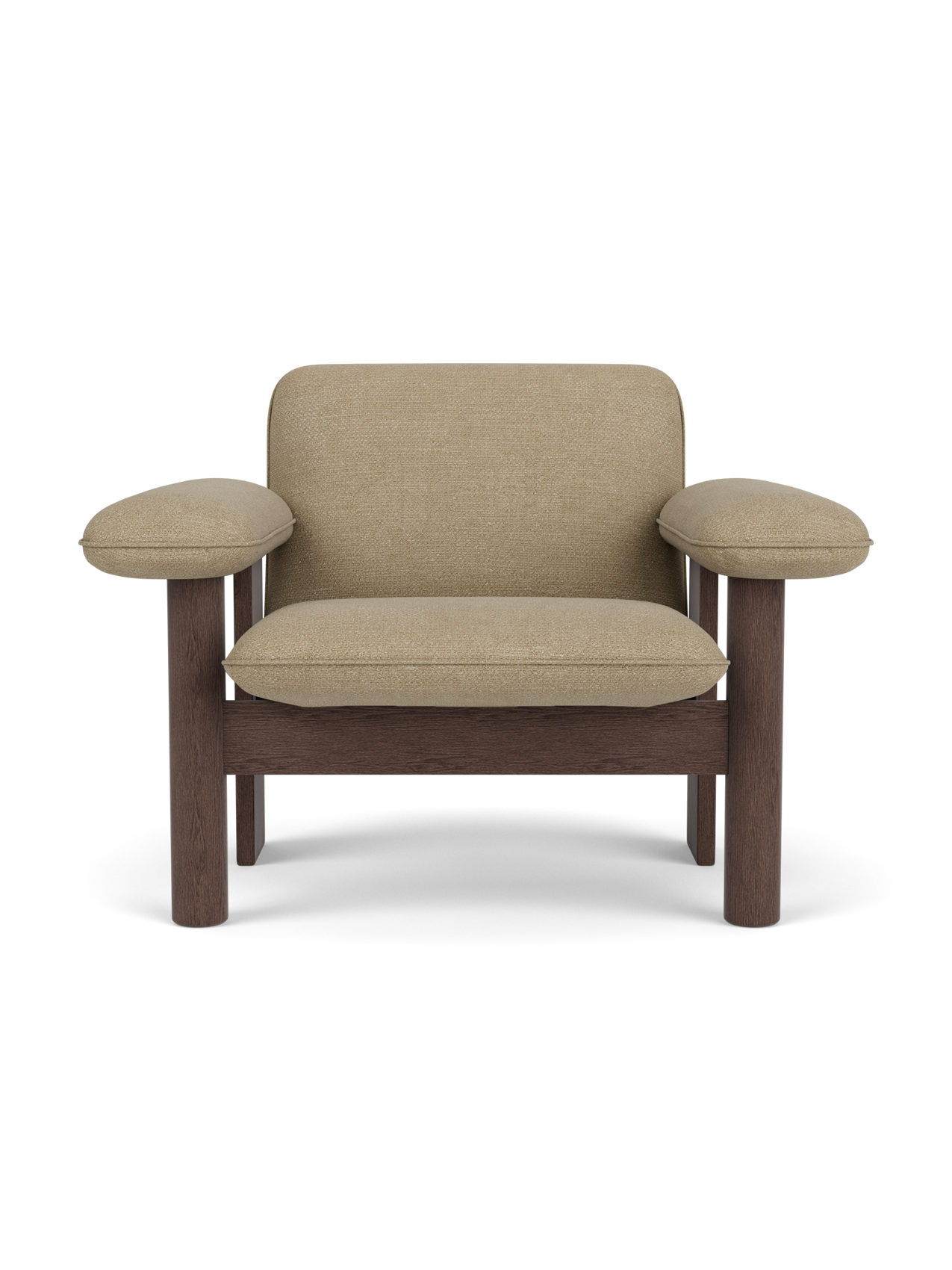 Fauteuil lounge scandinave du milieu du siècle à dossier bas, rembourré en textile, avec cadre en bois pour salon et et chambre.
