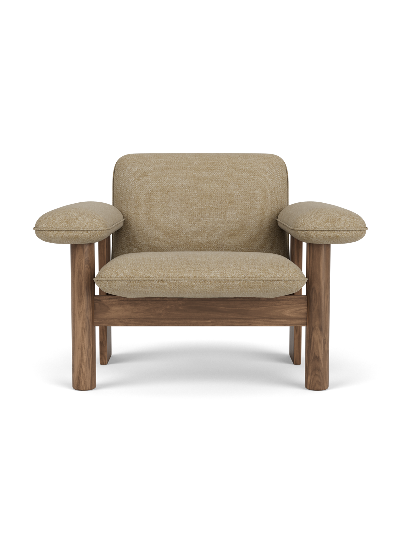 Fauteuil lounge scandinave du milieu du siècle à dossier bas, rembourré en textile, avec cadre en bois pour salon et et chambre.
