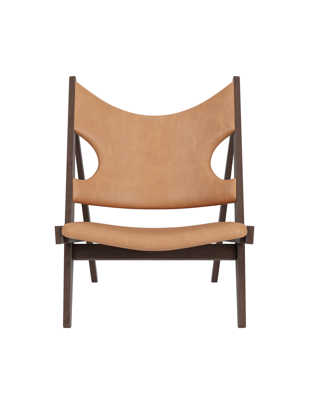 Fauteuil de salon en cuir et chêne avec accoudoirs incurvés