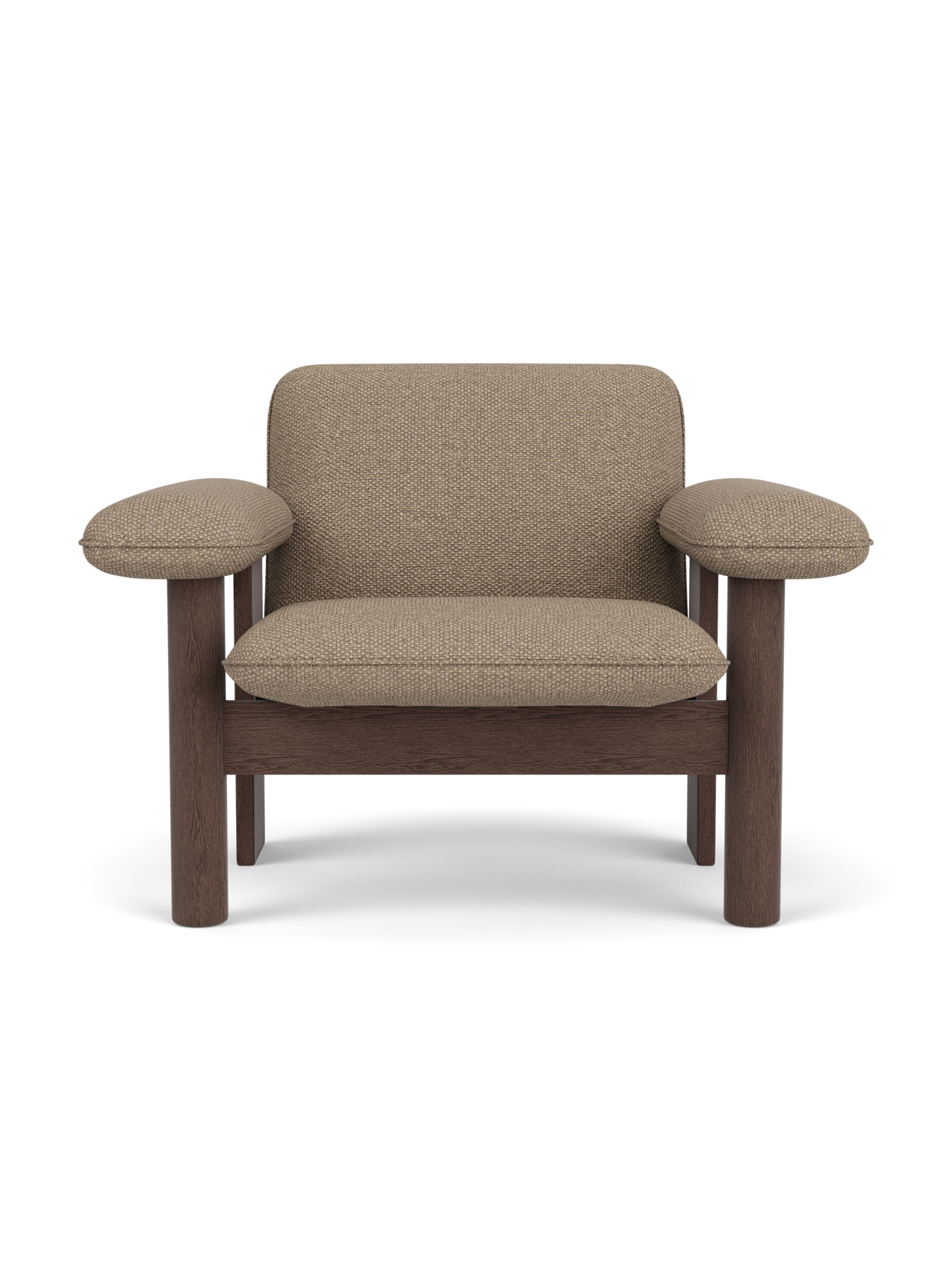 Fauteuil lounge scandinave du milieu du siècle à dossier bas, rembourré en textile, avec cadre en bois pour salon et et chambre.