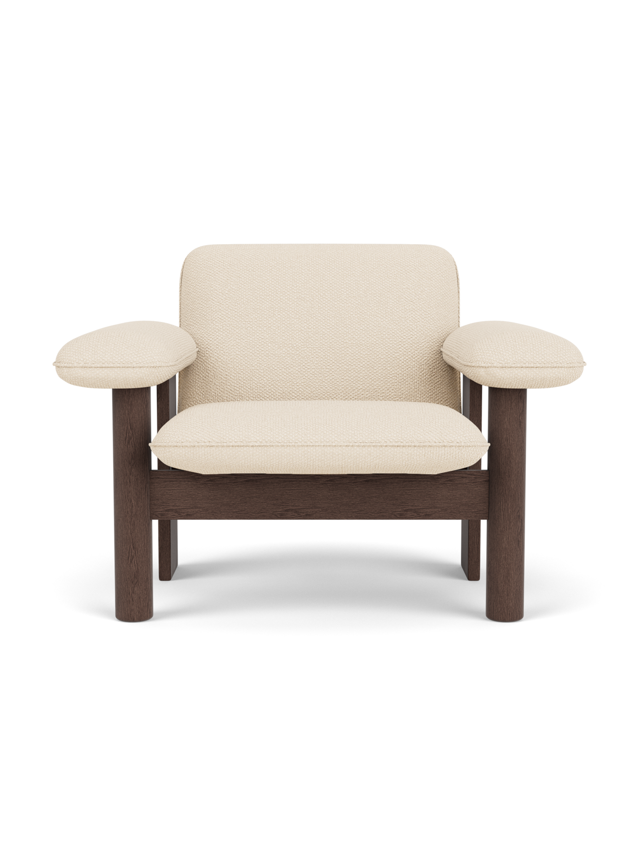 Fauteuil lounge scandinave du milieu du siècle à dossier bas, rembourré en textile, avec cadre en bois pour salon et et chambre.