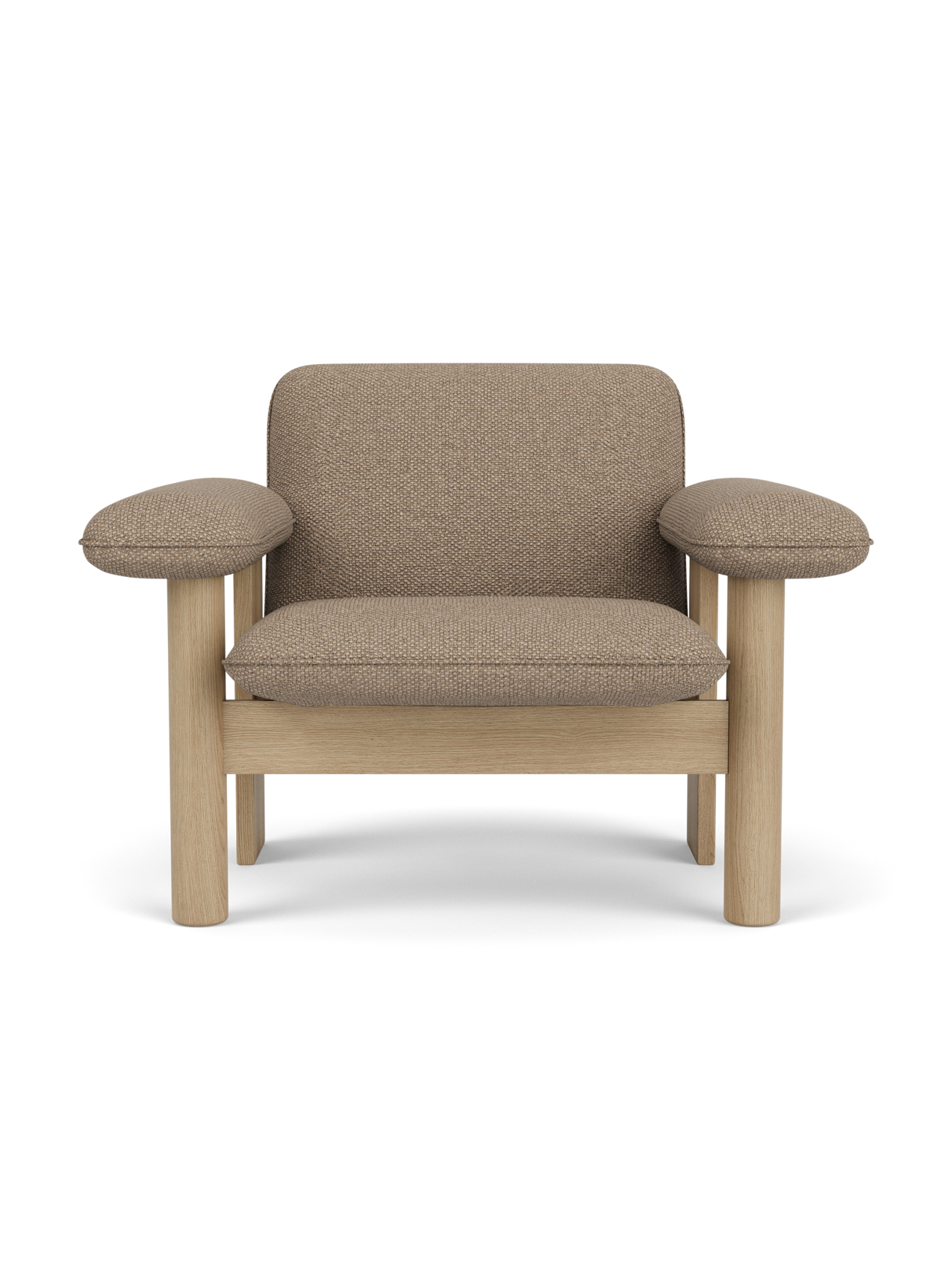 Fauteuil lounge scandinave du milieu du siècle à dossier bas, rembourré en textile, avec cadre en bois pour salon et et chambre.