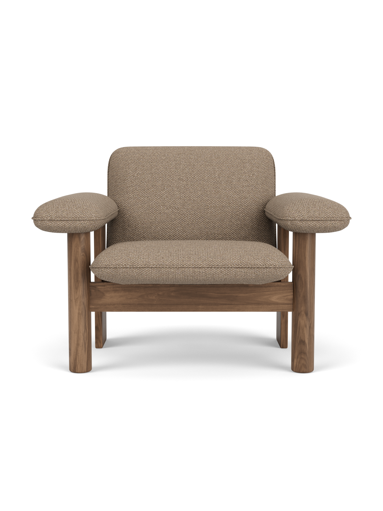 Fauteuil lounge scandinave du milieu du siècle à dossier bas, rembourré en textile, avec cadre en bois pour salon et et chambre.