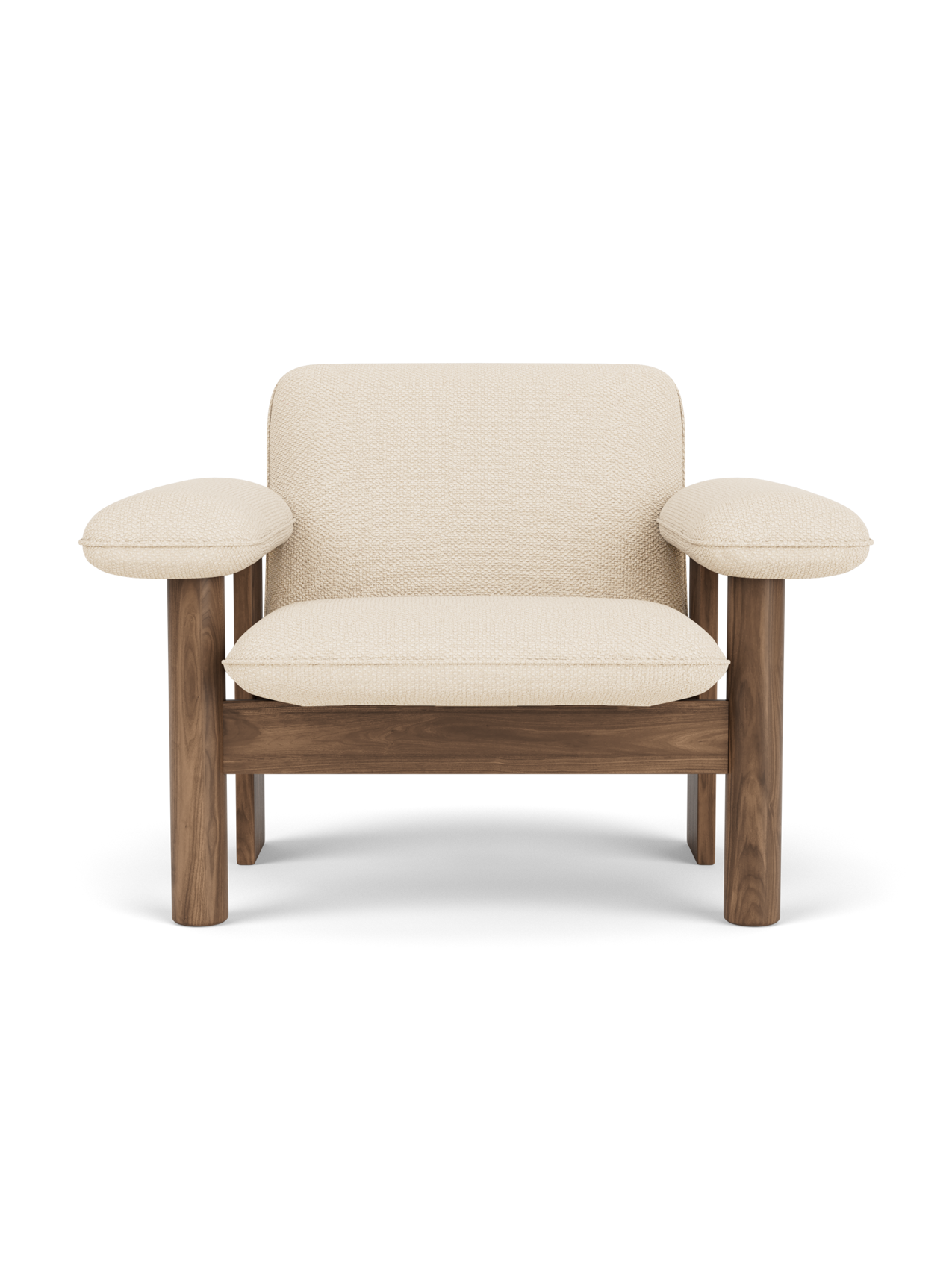 Fauteuil lounge scandinave du milieu du siècle à dossier bas, rembourré en textile, avec cadre en bois pour salon et et chambre.