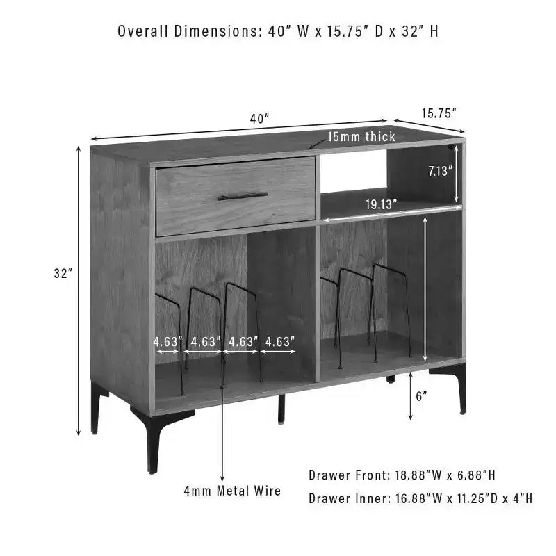 Meuble console de rangement pour disques Sydney 40" Noyer : Range-vinyles, meuble média avec étagères ouvertes
