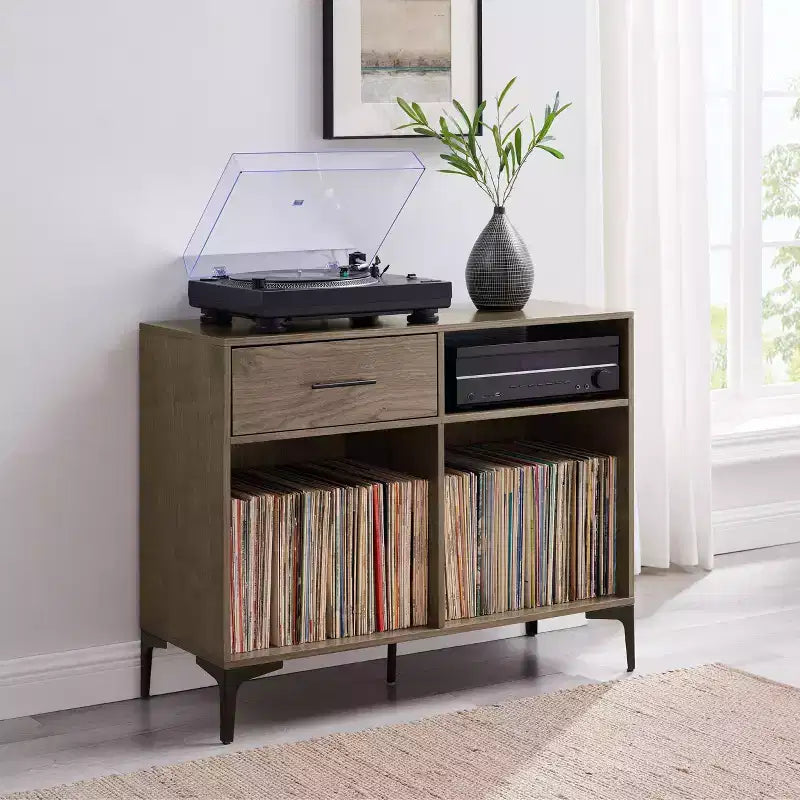 Meuble console de rangement pour disques Sydney 40" Noyer : Range-vinyles, meuble média avec étagères ouvertes