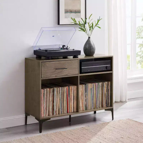 Meuble console de rangement pour disques Sydney 40" Noyer : Range-vinyles, meuble média avec étagères ouvertes