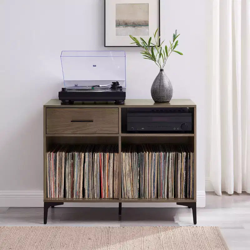 Meuble console de rangement pour disques Sydney 40" Noyer : Range-vinyles, meuble média avec étagères ouvertes