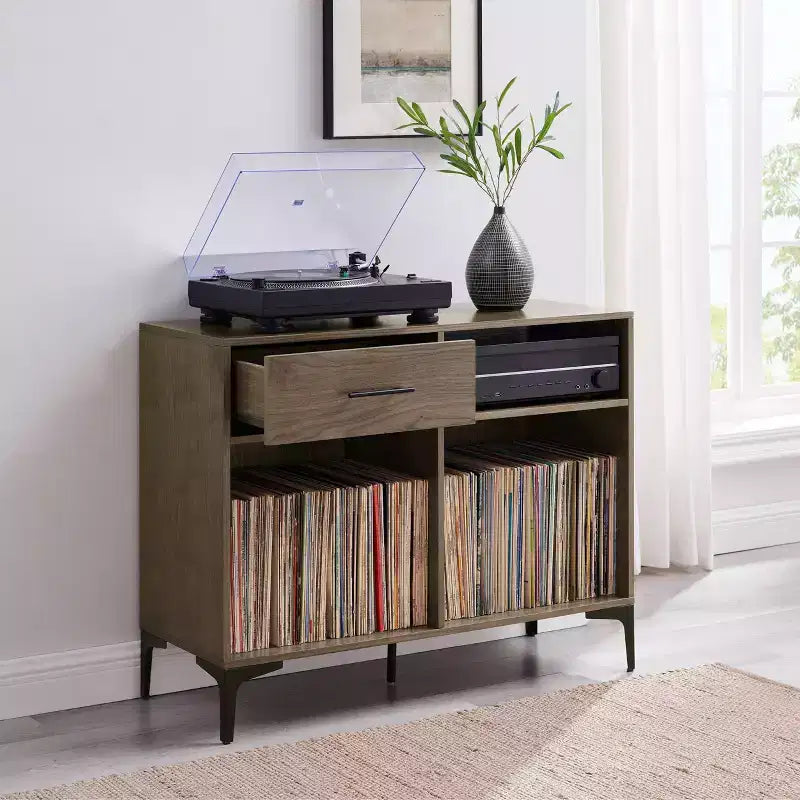 Meuble console de rangement pour disques Sydney 40" Noyer : Range-vinyles, meuble média avec étagères ouvertes