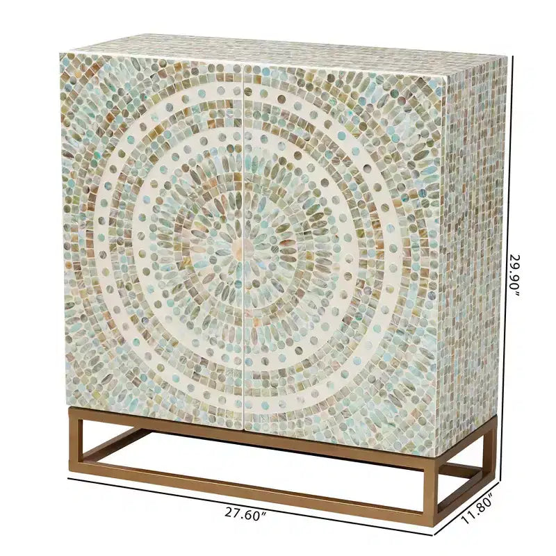 Quintus Meuble de rangement Nacre et Métal Mosaïque/Blanc/Doré : Accent Élégant, Étagères Fixes, Aucun Assemblage Requis