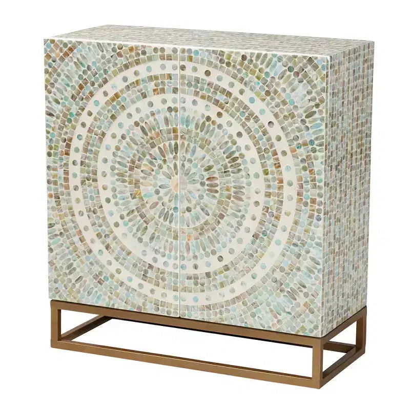 Quintus Meuble de rangement Nacre et Métal Mosaïque/Blanc/Doré : Accent Élégant, Étagères Fixes, Aucun Assemblage Requis
