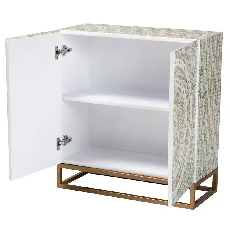 Quintus Meuble de rangement Nacre et Métal Mosaïque/Blanc/Doré : Accent Élégant, Étagères Fixes, Aucun Assemblage Requis