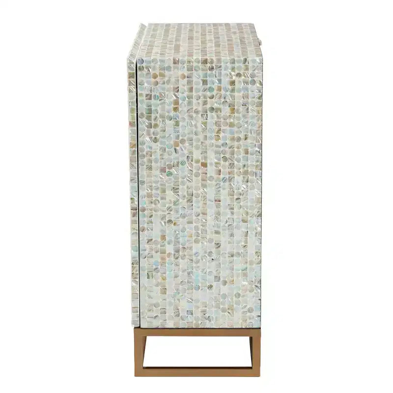 Quintus Meuble de rangement Nacre et Métal Mosaïque/Blanc/Doré : Accent Élégant, Étagères Fixes, Aucun Assemblage Requis