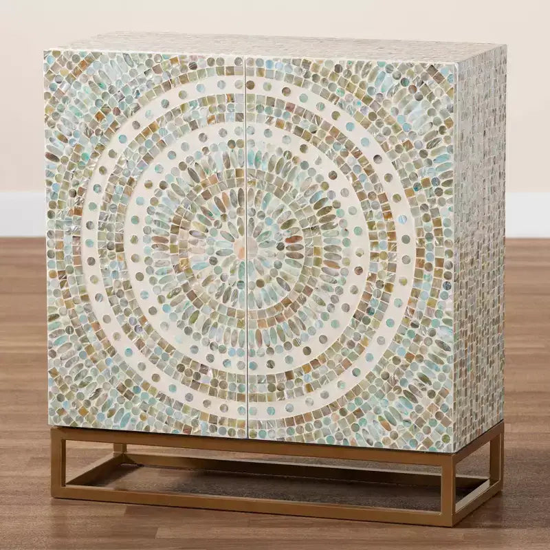 Quintus Meuble de rangement Nacre et Métal Mosaïque/Blanc/Doré : Accent Élégant, Étagères Fixes, Aucun Assemblage Requis