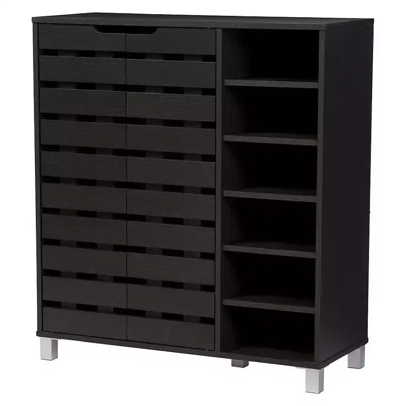 Meuble à chaussures Shirley en bois moderne et contemporain à 2 portes avec étagères ouvertes - Brun foncé - : Finition Espresso, cadre en métal, 10 compartiments