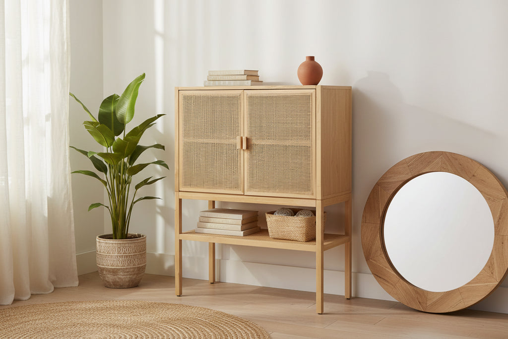 Storied Home Woven 47" Tall Decorative Storage Cabinet Natural: Rattan & Pine, 2-Door with Shelf