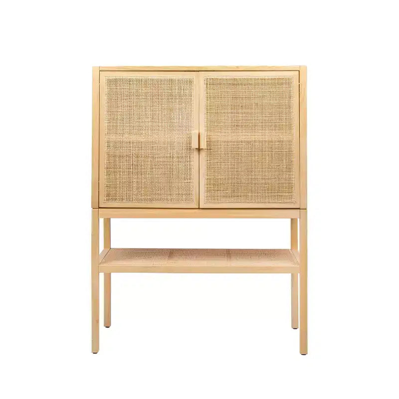 Meuble de rangement décoratif tissé de 119 cm de haut, naturel : Rotin et pin, 2 portes avec étagère