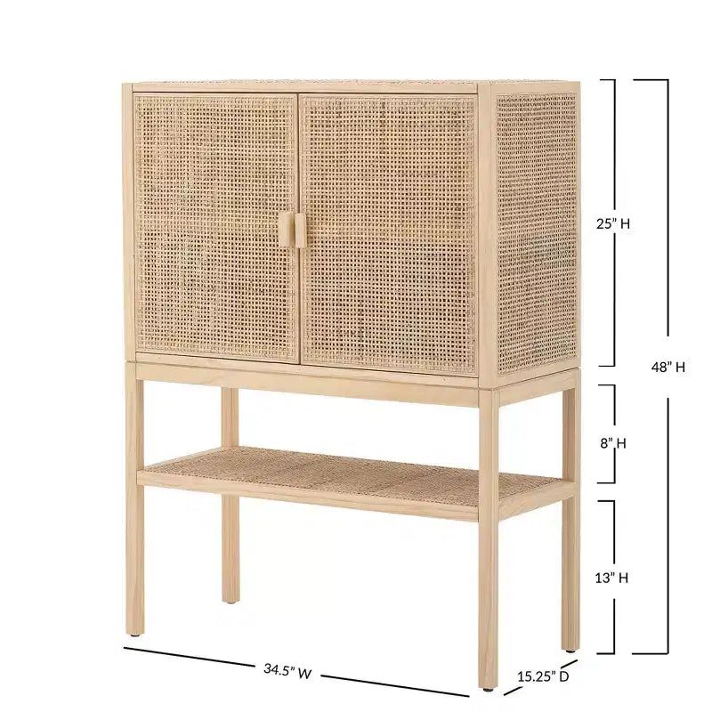 Meuble de rangement décoratif tissé de 119 cm de haut, naturel : Rotin et pin, 2 portes avec étagère
