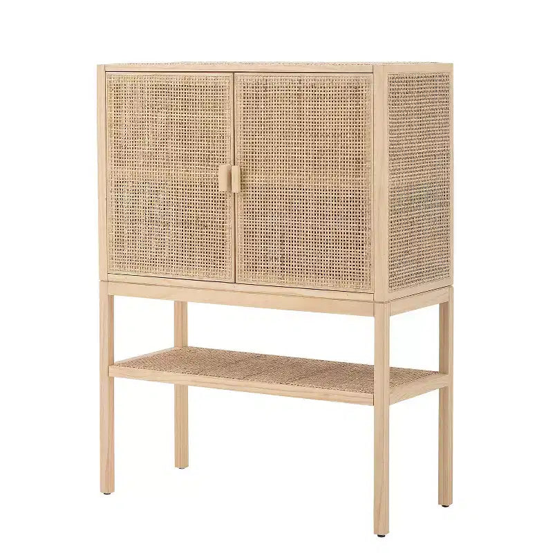 Meuble de rangement décoratif tissé de 119 cm de haut, naturel : Rotin et pin, 2 portes avec étagère