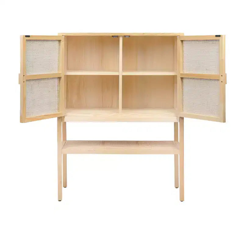 Meuble de rangement décoratif tissé de 119 cm de haut, naturel : Rotin et pin, 2 portes avec étagère