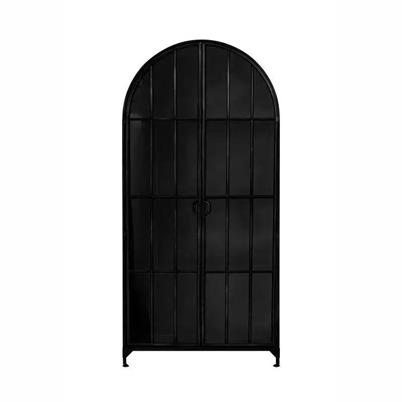 Meuble de Rangement Décoratif Noir 193 cm de Haut avec Arc: Cadre en Fer, Surface en Verre, Étagères Fixes