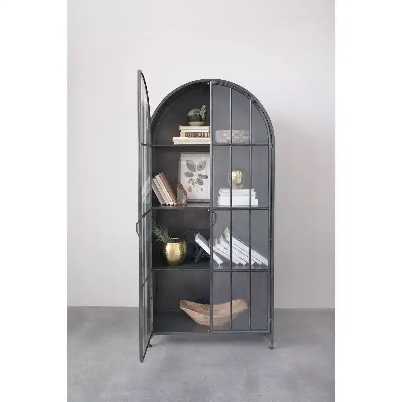 Meuble de Rangement Décoratif Noir 193 cm de Haut avec Arc: Cadre en Fer, Surface en Verre, Étagères Fixes