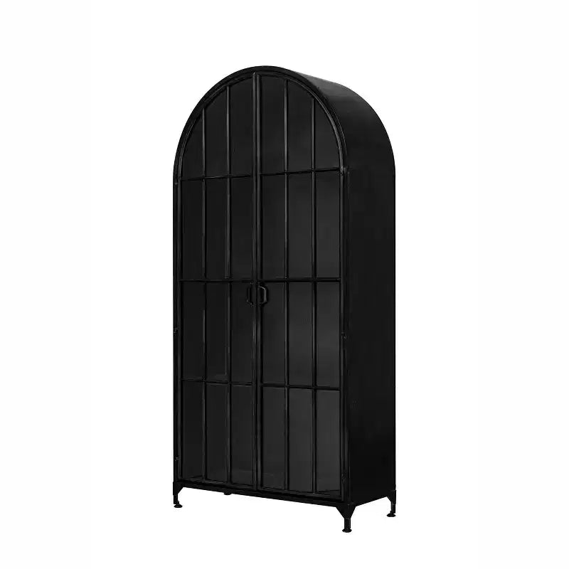 Meuble de Rangement Décoratif Noir 193 cm de Haut avec Arc: Cadre en Fer, Surface en Verre, Étagères Fixes